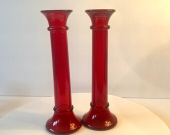 Set of 2 Indiana Glass Ruby Red Candlestick Holders 9”