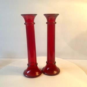Set of 2 Indiana Glass Ruby Red Candlestick Holders 9”