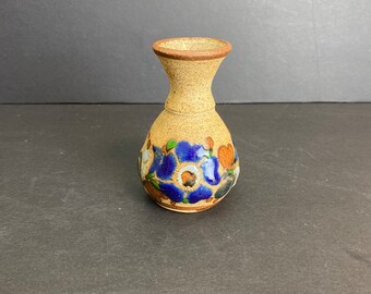 Small Hand Painted Mexican Tonala Folk Art Vase, Made in Mexico 4”