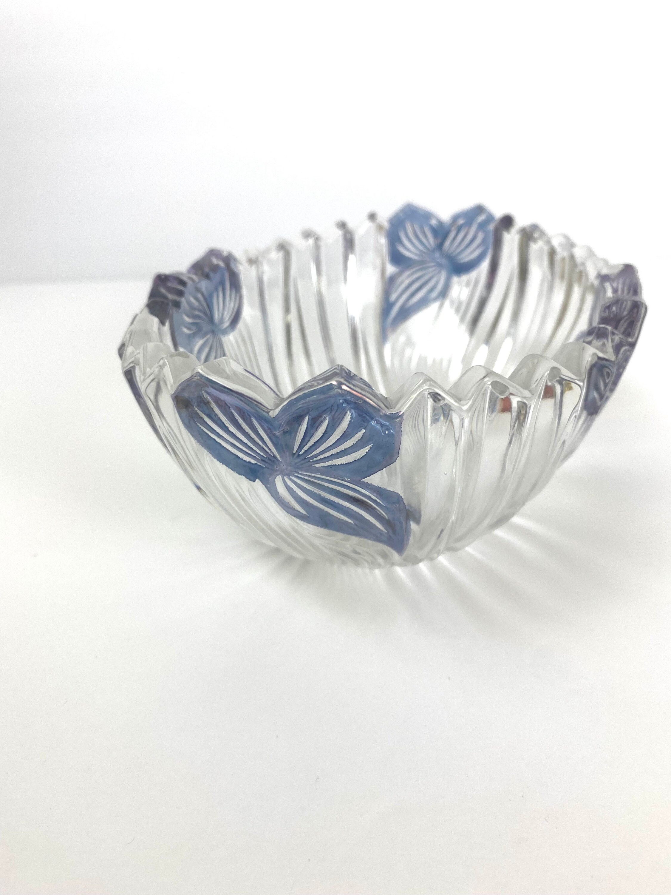 Lead Crystal Oval Bowl With Flashed Blue Flowers Etsy