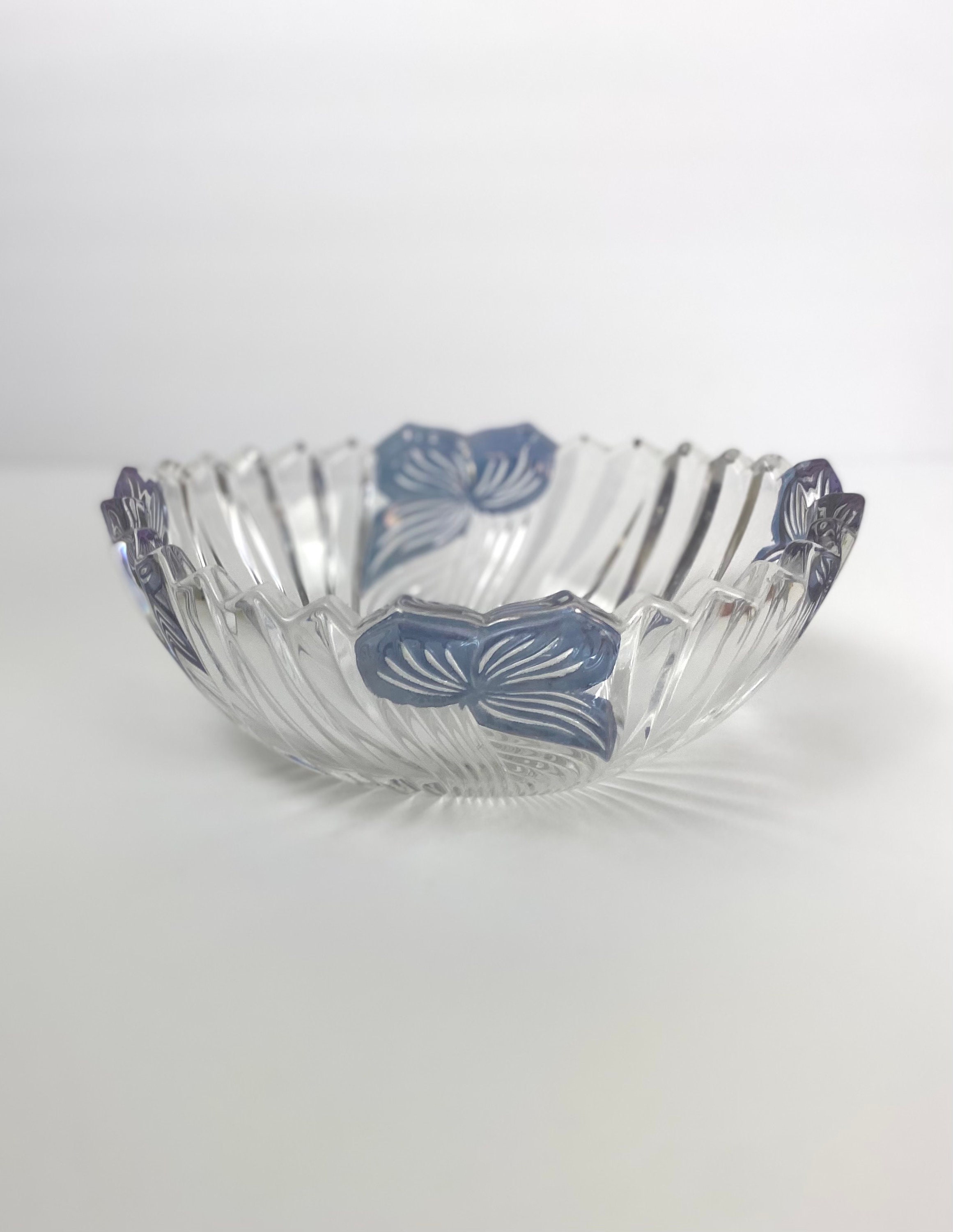 Lead Crystal Oval Bowl With Flashed Blue Flowers Etsy