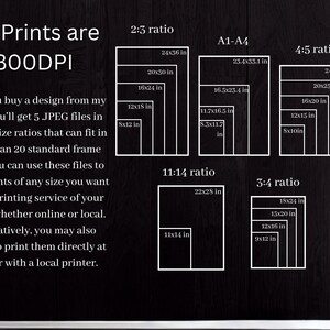 May include: A diagram showing different print sizes and aspect ratios for digital art prints. The text reads "All Prints are 300DPI" and explains that buyers will receive 5 JPEG files in various size ratios that can fit in more than 20 standard frame sizes. The text also explains that buyers can use these files to order prints of any size they want from a printing service of their choice, whether online or local. The text also explains that buyers can print the files directly at home or with a local printer.