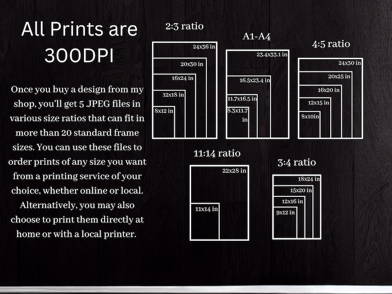 May include: A diagram showing different print sizes and aspect ratios for digital art prints. The text reads "All Prints are 300DPI" and explains that buyers will receive 5 JPEG files in various size ratios that can fit in more than 20 standard frame sizes. The text also explains that buyers can use these files to order prints of any size they want from a printing service of their choice, whether online or local. The text also explains that buyers can print the files directly at home or with a local printer.