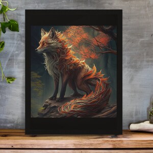 May include: A digital painting of a fox with a fiery orange and red fur, standing on a rock in a forest setting. The fox has a long, bushy tail and is looking to the right.