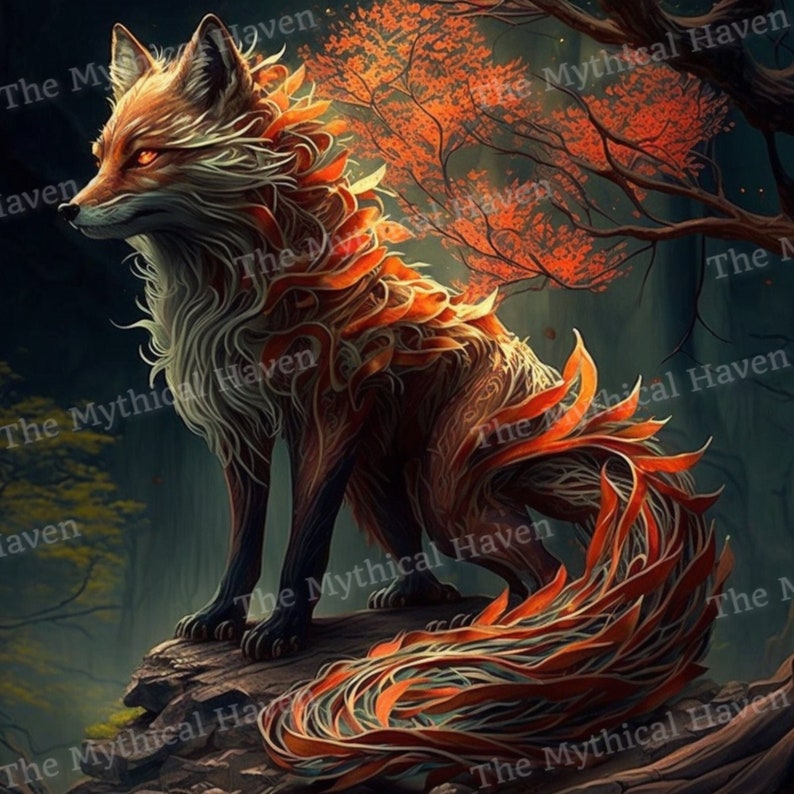 May include: A stylized orange and brown fox with a long, flowing tail made of leaves. The fox is sitting on a rock in a forest setting with a tree with red leaves in the background.