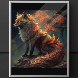 May include: A digital painting of a fox with a fiery orange and red tail, standing on a rock in a forest setting. The fox has a white and orange coat with intricate details.