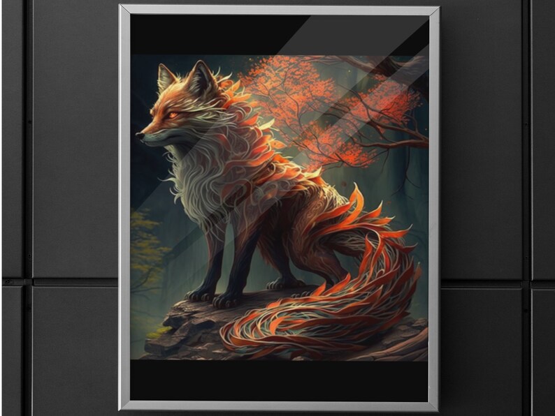 May include: A digital painting of a fox with a fiery orange and red tail, standing on a rock in a forest setting. The fox has a white and orange coat with intricate details.