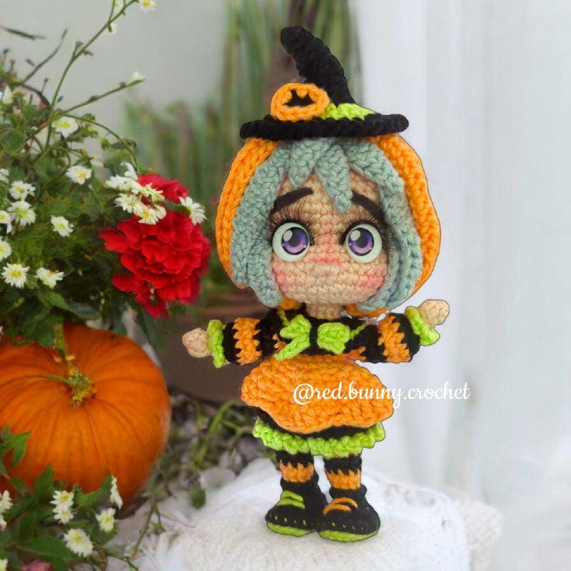Halloween pumkin witch sweet caramel crochet pattern amigurumi doll SPANISH & ENGLISH