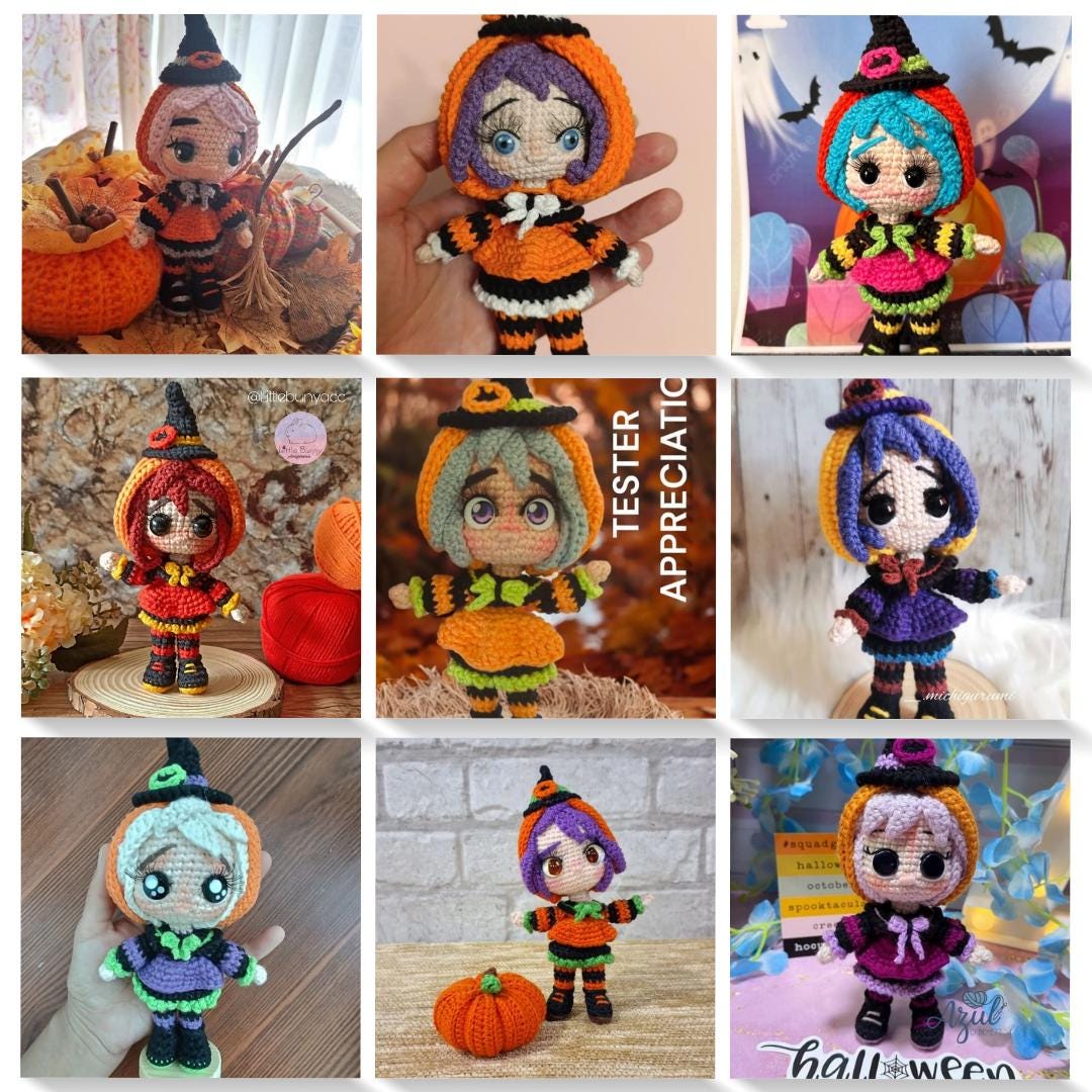 Halloween pumkin witch sweet caramel crochet pattern amigurumi doll SPANISH & ENGLISH - Thumbnail 3