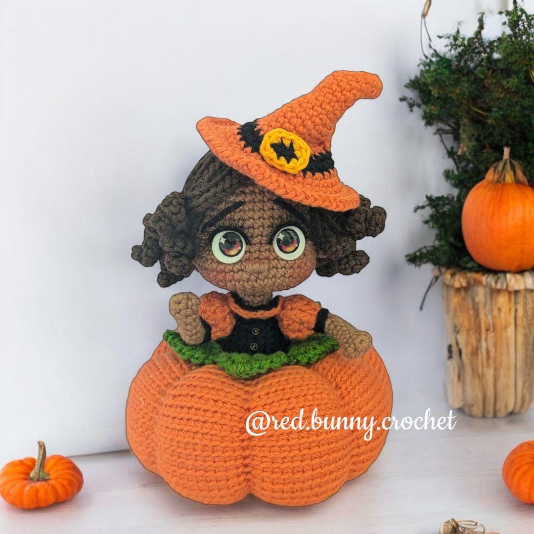 Halloween pumkin witch cutie pie crochet pattern amigurumi doll SPANISH & ENGLISH