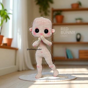 Op de afbeelding: Een handgemaakte gehaakte pop met een lichtroze huidskleur en grote zwarte ogen. De pop heeft kleine oren, roze wangen en staat met gevouwen handen. De pop staat op een klein, rond, crèmekleurig tapijt. De tekst "RED BUNNY CROCHET" is zichtbaar.