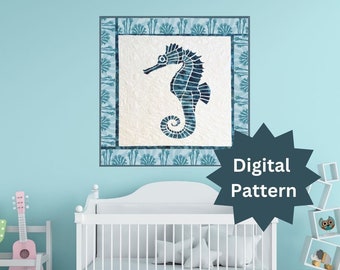 PDF Seahorse Quilt Pattern | Baby Blanket| 48 x 48&quot; | Gender Neutral | Digital PDF Pattern | Fusible Appliqué | Raw Edge Appliqué