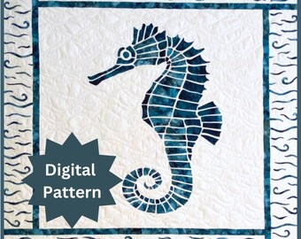 PDF Seahorse Quilt Pattern | Wall Hanging | 48 x 48&quot; | Wall Décor |Digital PDF Pattern | Fusible Appliqué | Raw Edge Appliqué | Beach Decor