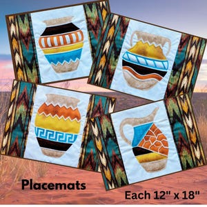 May include: Set of four placemats, each 12" x 18", featuring a Southwestern design. Each placemat has a central image of a decorative vase with colorful geometric patterns. The borders have a patterned tribal design.