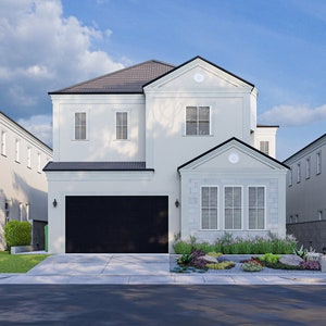 Könnte beinhalten: Eine Reihe von drei weißen Häusern mit schwarzen Garagentoren und Vorgärten. Das mittlere Haus hat eine Steinverkleidung und ein Obergeschoss.