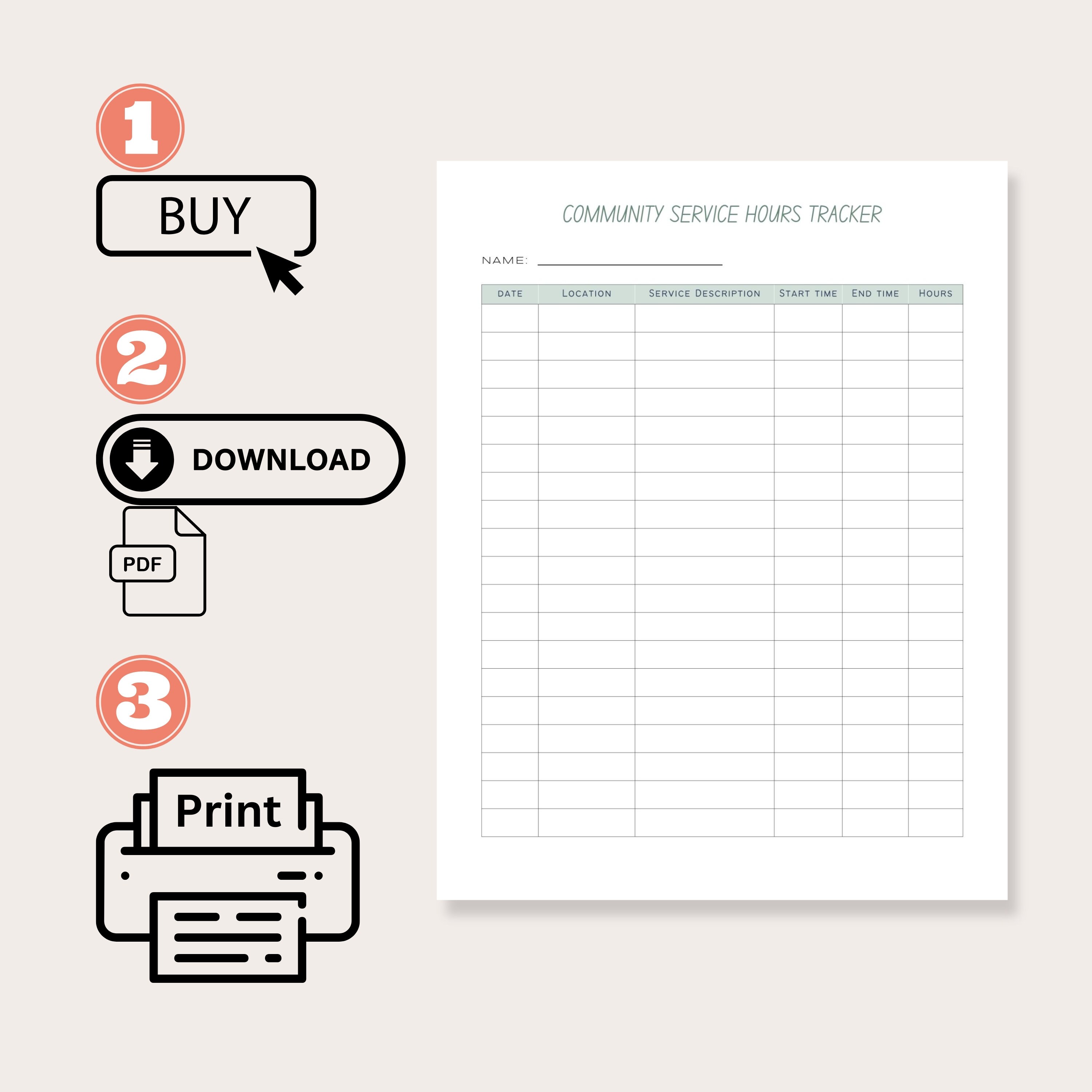Community service hours log sheet volunteer activity log etsy