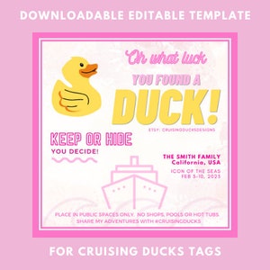 Modèle modifiable téléchargeable pour étiquette de canard de croisière #cruisingducks étiquette imprimable Oh quelle chance vous avez trouvé un canard à garder ou à cacher