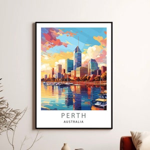 May include: A colorful illustration of the Perth skyline with a sunset sky and boats in the water. The text "PERTH AUSTRALIA" is at the bottom of the image.