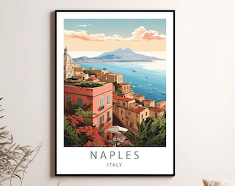 May include: A colorful illustration of Naples, Italy, with a view of the city and the bay. The text "NAPLES ITALY" is printed below the image.