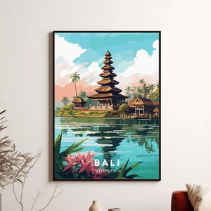 Bali Poster Indonesia Travel Prints Decor Mid Century Modern Wall Art Bali Indonesia Prints Vibrant Digital Download Pura Ulun Danu Bratan