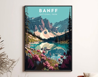 Plakat Parku Narodowego Banff, minimalistyczna sztuka podróżnicza (do pobrania cyfrowego)