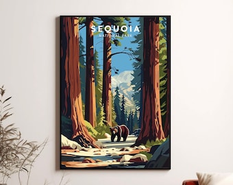 Op de afbeelding: Een ingelijste kunstdruk met een gestileerde illustratie van Sequoia National Park. Het kunstwerk toont hoge sequoia's, een beer en een rivier, met de woorden "SEQUOIA NATIONAL PARK" bovenaan. Het kleurenpalet omvat groen, bruin en blauw.