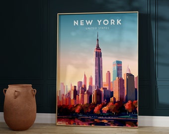 May include: A framed art print featuring a stylized illustration of the New York City skyline, including the Empire State Building. The artwork has a warm color palette with a blue sky and a reflection of the city in the water.