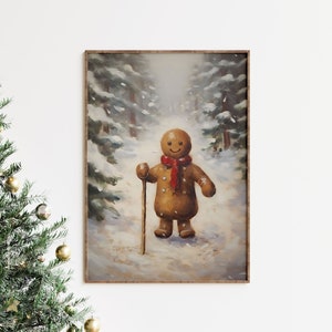 Vintage Christmas Wall Art Gingerbread Man Christmas Oil Painting Forest Wall Art Printable Art Christmas Decor Hiking Winter Print ch1