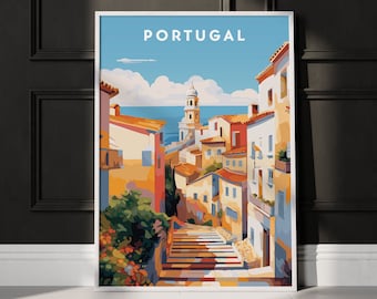 May include: A colorful illustration of a cityscape in Portugal. The image features a narrow street with steps leading up to a church with a tall bell tower. The buildings are painted in shades of yellow, orange, and red, and the sky is blue with white clouds. The text "PORTUGAL" is printed at the top of the image.