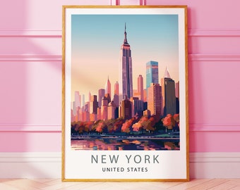 May include: A framed print of a colorful illustration of the New York City skyline, featuring the Empire State Building and other skyscrapers. The print has the text "NEW YORK" and "UNITED STATES" below the image.