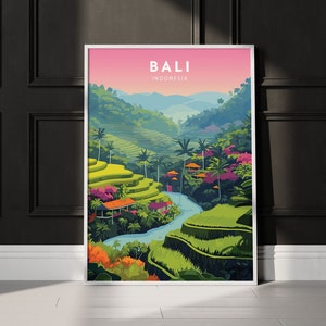Cartel de Bali Indonesia Impresiones de viajes Decoración Arte mural moderno de mediados de siglo Bali Indonesia Impresiones Descarga digital vibrante Pura Ulun Danu Bratan
