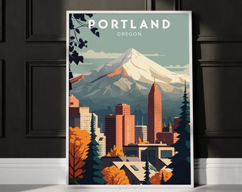 May include: A vintage-style travel poster featuring a cityscape with a mountain in the background. The poster is titled "PORTLAND OREGON" and features a stylized illustration of the city skyline with Mount Hood in the distance. The poster is in a white frame.