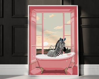 Zebra in Bathtub Art Print, Humorous Animal Bathroom Decor (Digital Download)