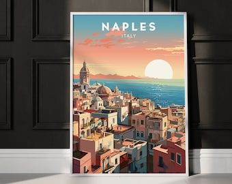 May include: A colorful illustration of Naples, Italy, with a sunset over the city and the sea. The text "NAPLES ITALY" is at the top of the image.