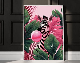 PINK ZEBRA BUBBLE Gum Print, Tropical Pink Funny Animal Poster, Zebra Nursery Decor Print, Animal Blowing Gum Wall Art, Safari Animal Print