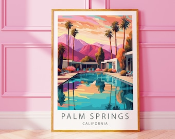 May include: A retro-style illustration of a swimming pool and palm trees in Palm Springs, California. The image is in a gold frame and has a pink background.