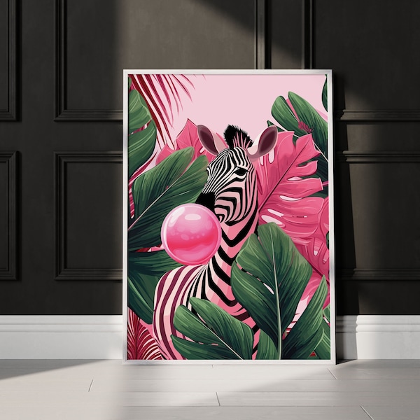 PINK ZEBRA BUBBLE Gum Print, Tropical Pink Funny Animal Poster, Zebra Nursery Decor Print, Animal Blowing Gum Wall Art, Safari Animal Print