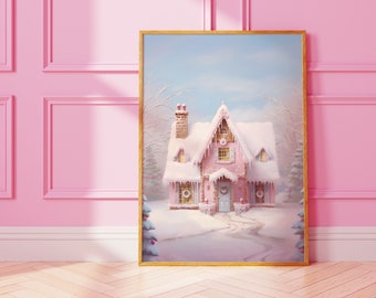 Pink Gingerbread House Christmas Print, Vintage Holiday Decor (Digital Download)