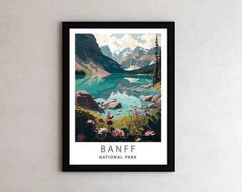 Plakat z Parku Narodowego Banff, minimalistyczny wydruk artystyczny z podróży (pobranie cyfrowe)