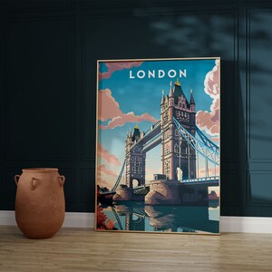 May include: A vintage-style travel poster featuring a colorful illustration of Tower Bridge in London, England. The poster has a blue background with pink and white clouds and the word "LONDON" in white text at the top.