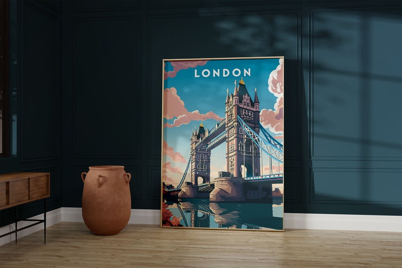 May include: A vintage-style travel poster featuring a colorful illustration of Tower Bridge in London, England. The poster has a blue background with pink and white clouds and the word "LONDON" in white text at the top.