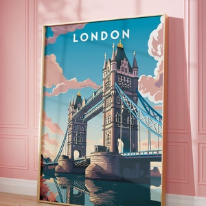 May include: A vintage-style poster featuring a colorful illustration of Tower Bridge in London, England. The poster has a gold frame and the word "LONDON" in white text at the top.