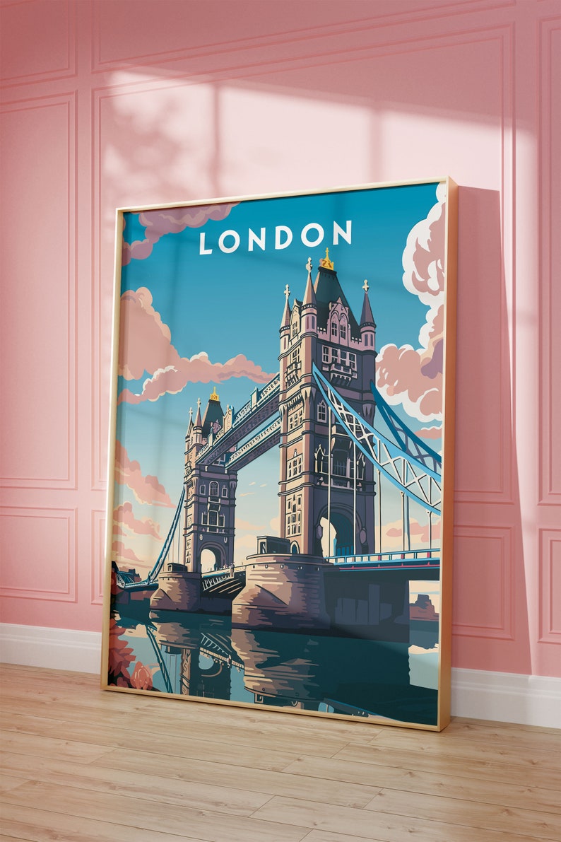 May include: A vintage-style poster featuring a colorful illustration of Tower Bridge in London, England. The poster has a gold frame and the word "LONDON" in white text at the top.