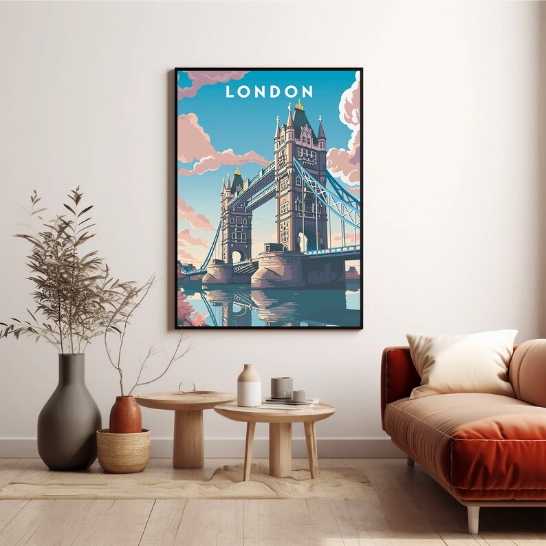 May include: A vintage-style illustration of the Tower Bridge in London, England. The bridge is depicted in a blue and gray color scheme with a light blue sky and white clouds in the background. The text "LONDON" is printed in white at the top of the image.
