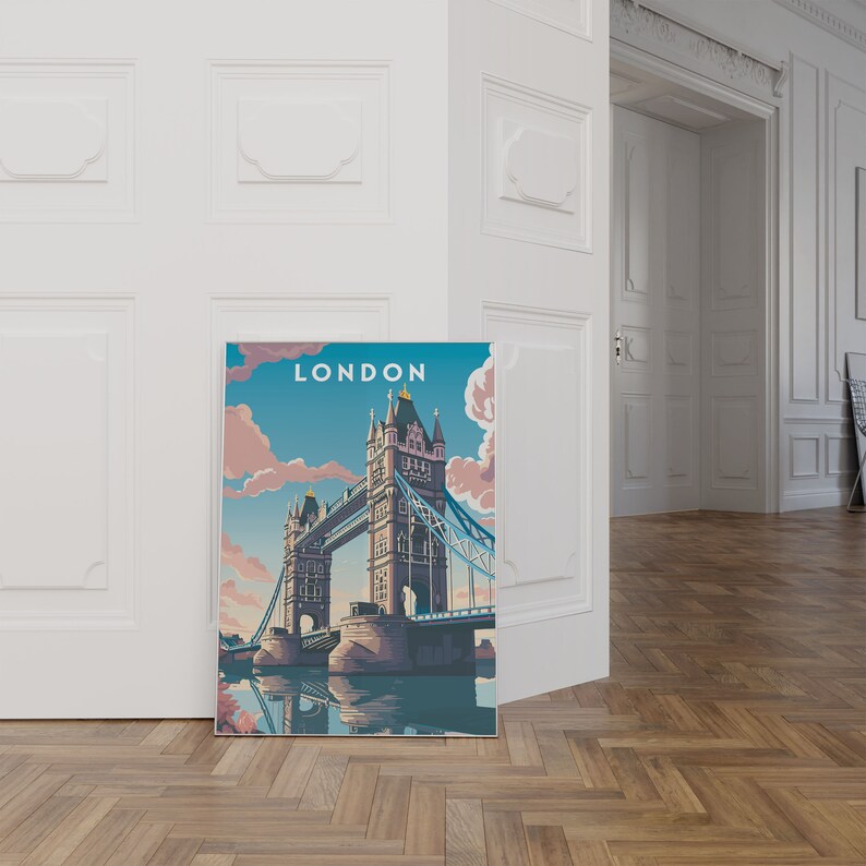 May include: A vintage-style poster featuring a colorful illustration of Tower Bridge in London, England. The poster has a blue background with pink clouds and the word "LONDON" in white text at the top.