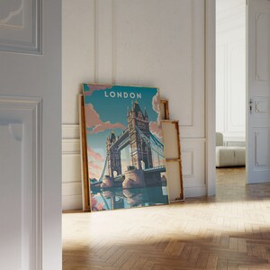 May include: A vintage-style poster featuring a colorful illustration of Tower Bridge in London, England. The poster has a blue background with white clouds and the word "LONDON" in white text at the top.