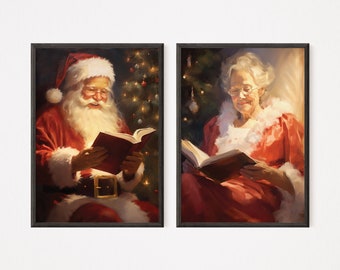 Vintage Christmas Wall Art SET Of 2 Santa and Mrs Claus Reading Book Printable Christmas Oil Painting Cottagecore Decor Christmas Decor ch1