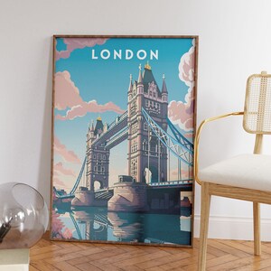 May include: A vintage-style poster featuring a colorful illustration of Tower Bridge in London, England. The poster has a blue background with pink clouds and the word "LONDON" in white letters at the top.