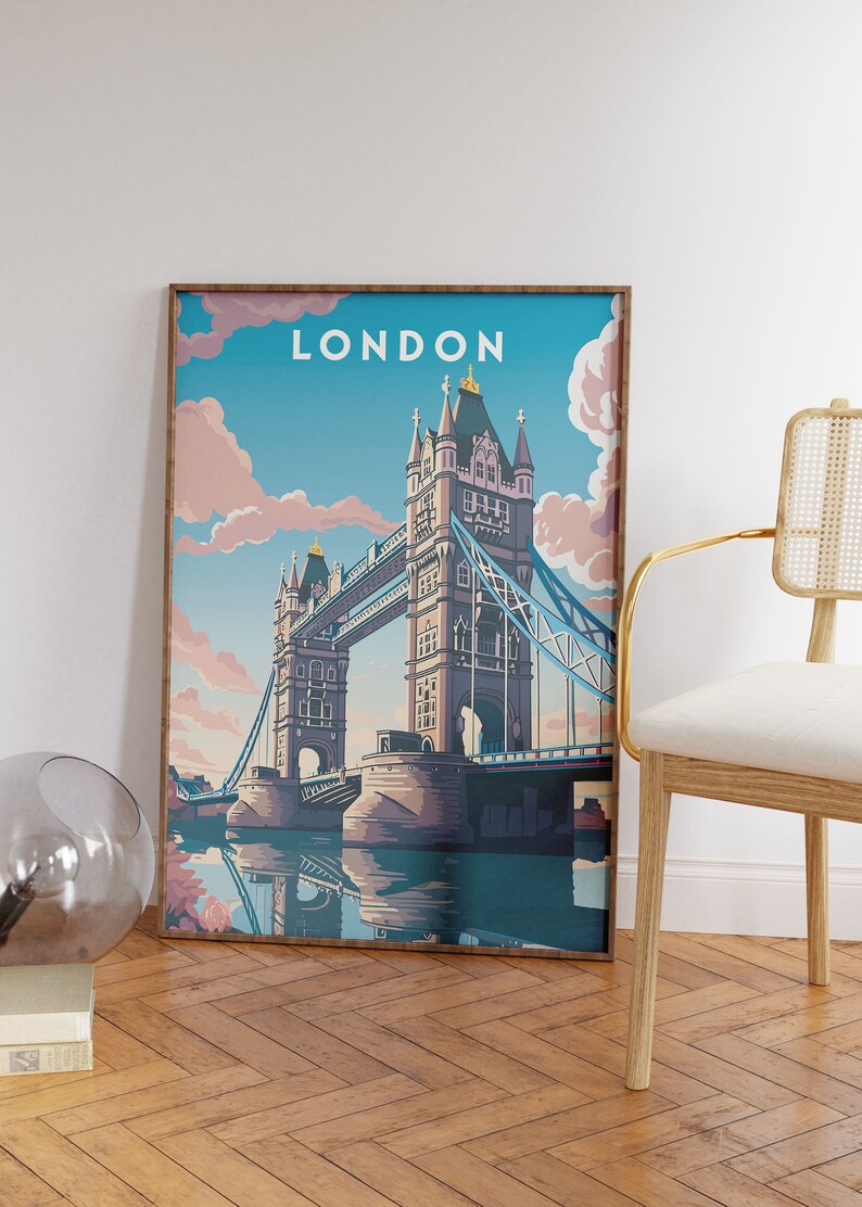 May include: A vintage-style poster featuring a colorful illustration of Tower Bridge in London, England. The poster has a blue background with pink clouds and the word "LONDON" in white letters at the top.