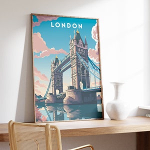 May include: A vintage-style poster with a blue and pink color scheme featuring a depiction of Tower Bridge in London, England. The poster has the word "LONDON" printed in white at the top.